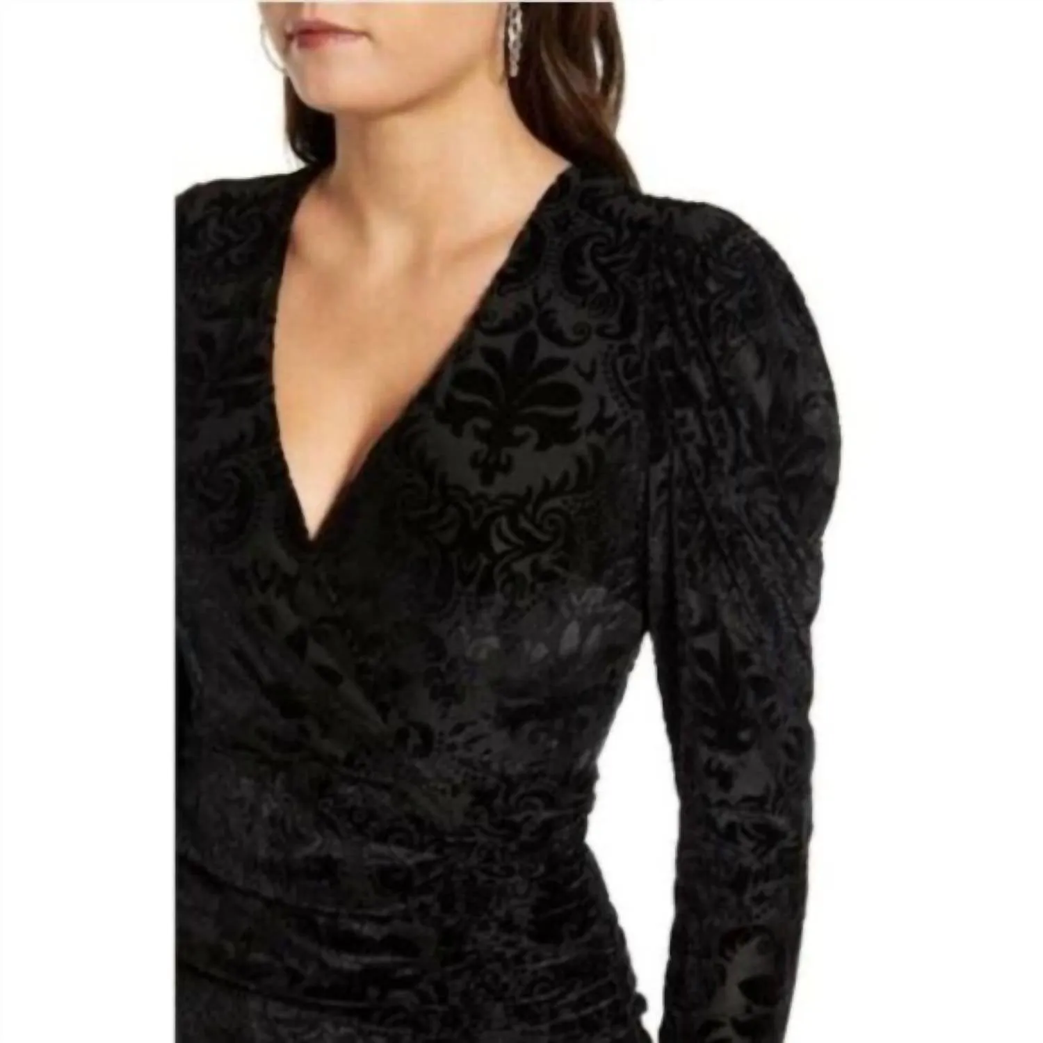All In Favor - Long Sleeve Velvet Burnout Bodycon Ruched Dress
