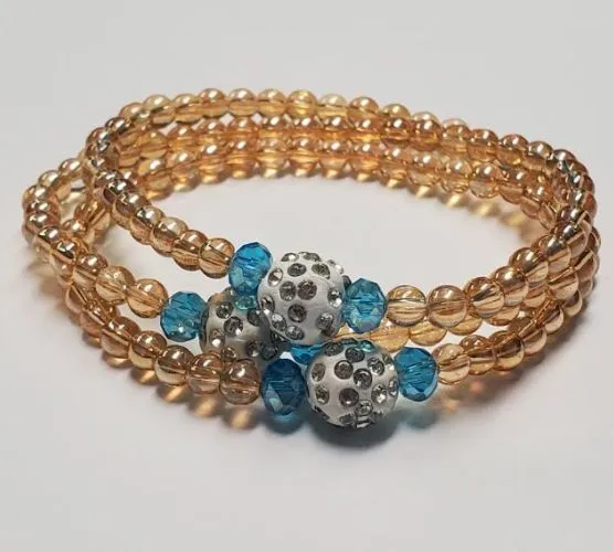B264 Champagne Beaded Light Blue Gem Bracelet