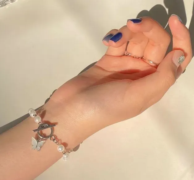 B348 Silver Pearl Light Pink Butterfly Bracelet