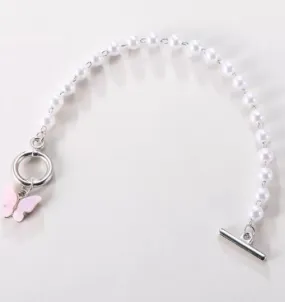 B348 Silver Pearl Light Pink Butterfly Bracelet