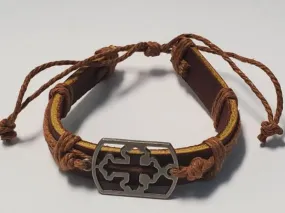 B392 Brown Leather Cross Light Brown Cord Bracelet