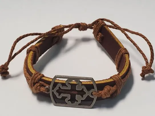 B392 Brown Leather Cross Light Brown Cord Bracelet