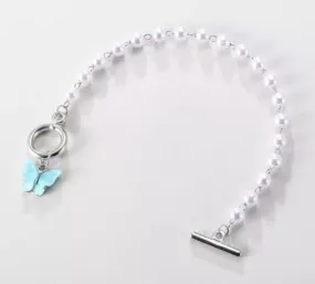 B424 Silver Pearl Light Blue Butterfly Bracelet