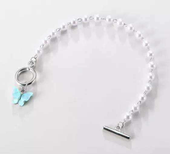 B424 Silver Pearl Light Blue Butterfly Bracelet