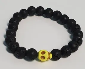 B439 Black Lava Stone Light Yellow Skull Bead Bracelet
