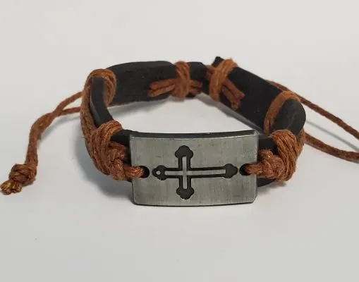 *B643 Silver Cross Black Leather Light Brown Cord Bracelet