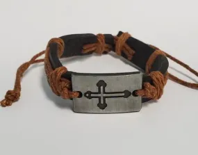 *B643 Silver Cross Black Leather Light Brown Cord Bracelet