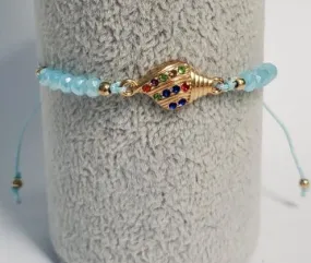 *B750 Light Blue Cord Bead Multi Color Rhinestone Conch Shell Bracelet