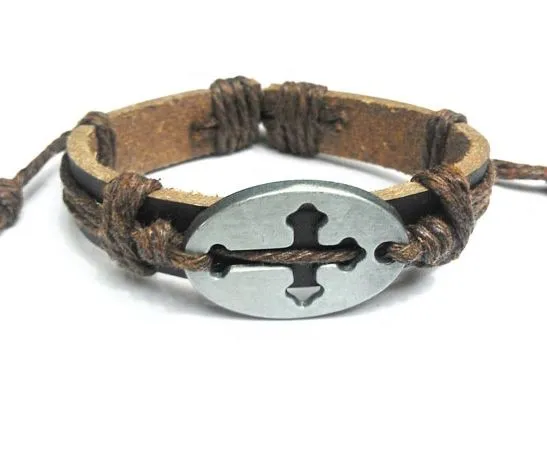 B84 Silver Cross in Oval Brown Leather Light Brown Cord Bracelet
