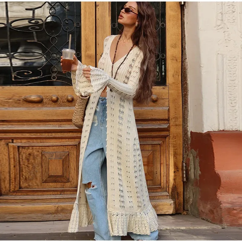 Boho Breeze Hollow Knit Flare Sleeve Cardigan