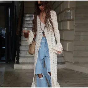 Boho Breeze Hollow Knit Flare Sleeve Cardigan