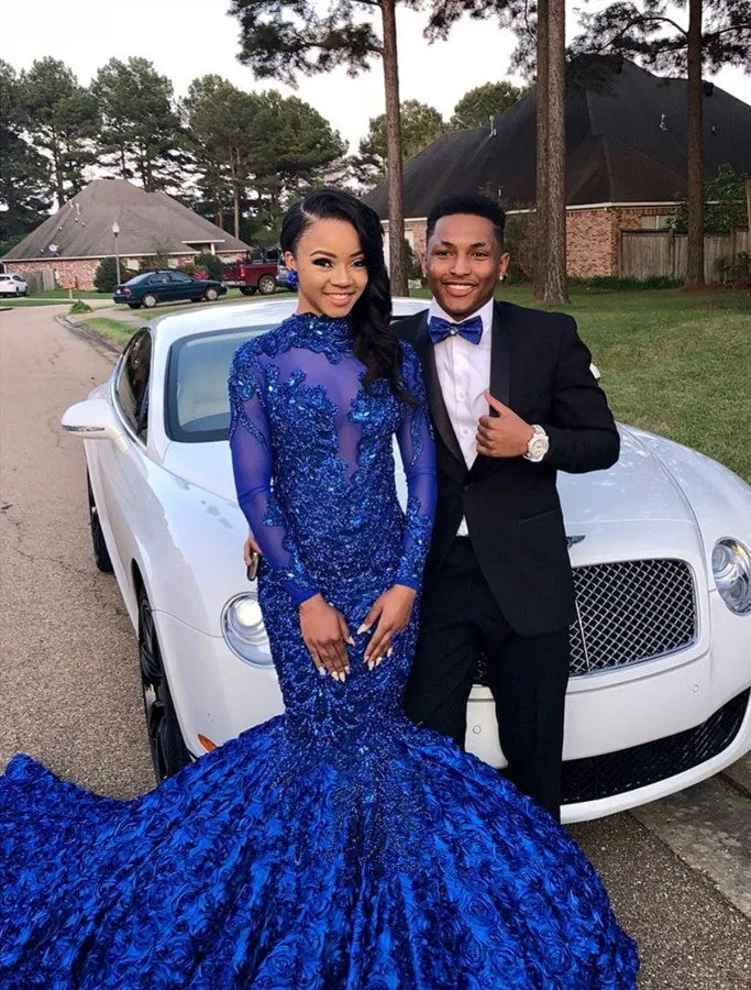 Chic Flowers Royal Blue Prom Party Gowns| Long Sleeves Prom Party Gowns