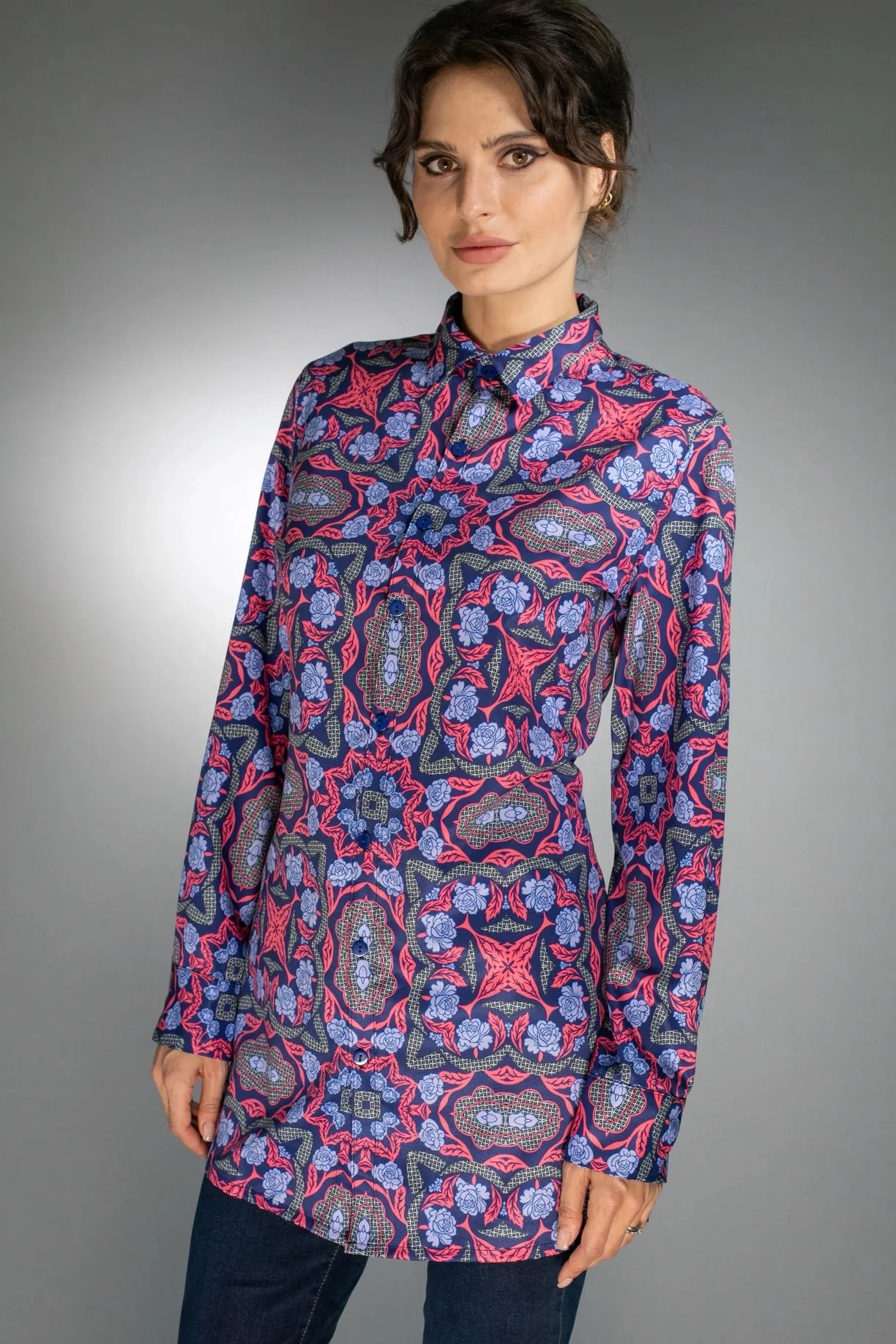 Geometric Long Shirt Electric Purple/Scarlet Red For Women