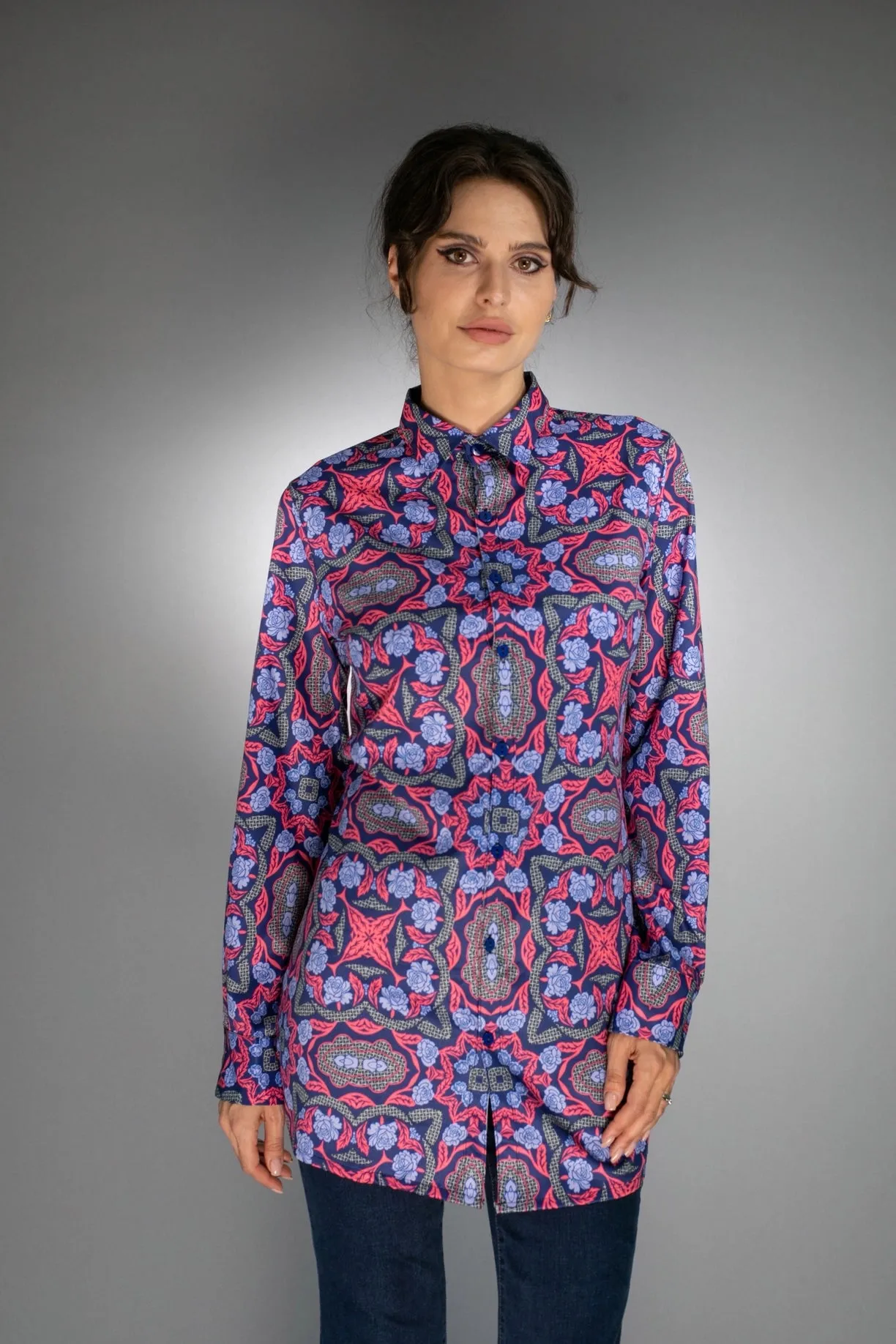 Geometric Long Shirt Electric Purple/Scarlet Red For Women