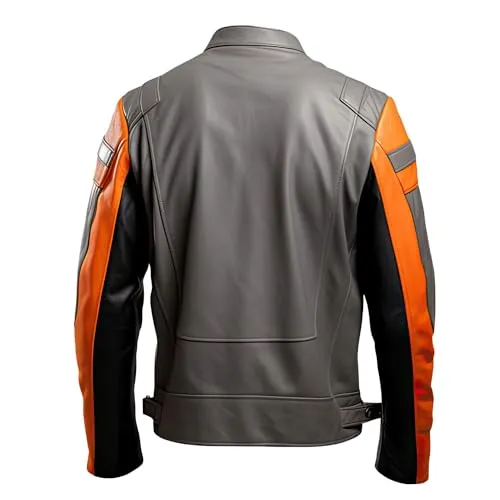 Leather Jets Mens Orange Grey Genuine Sheepskin Biker Zipup Stand Collar Fashionable Winter Riding Sports Leather Jacket