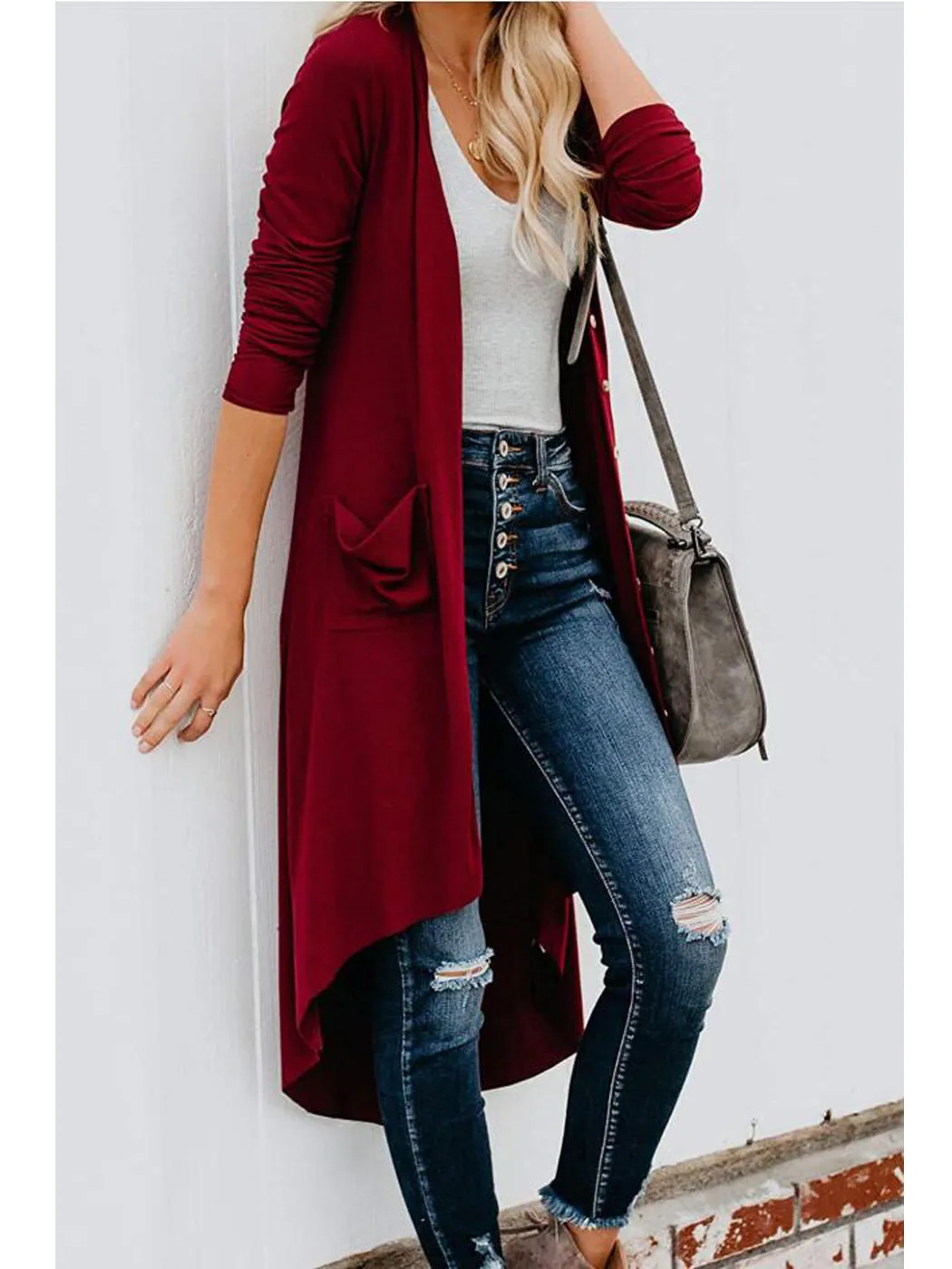 Long Sleeve Button Down Pockets Knit Ribbed Cardigan