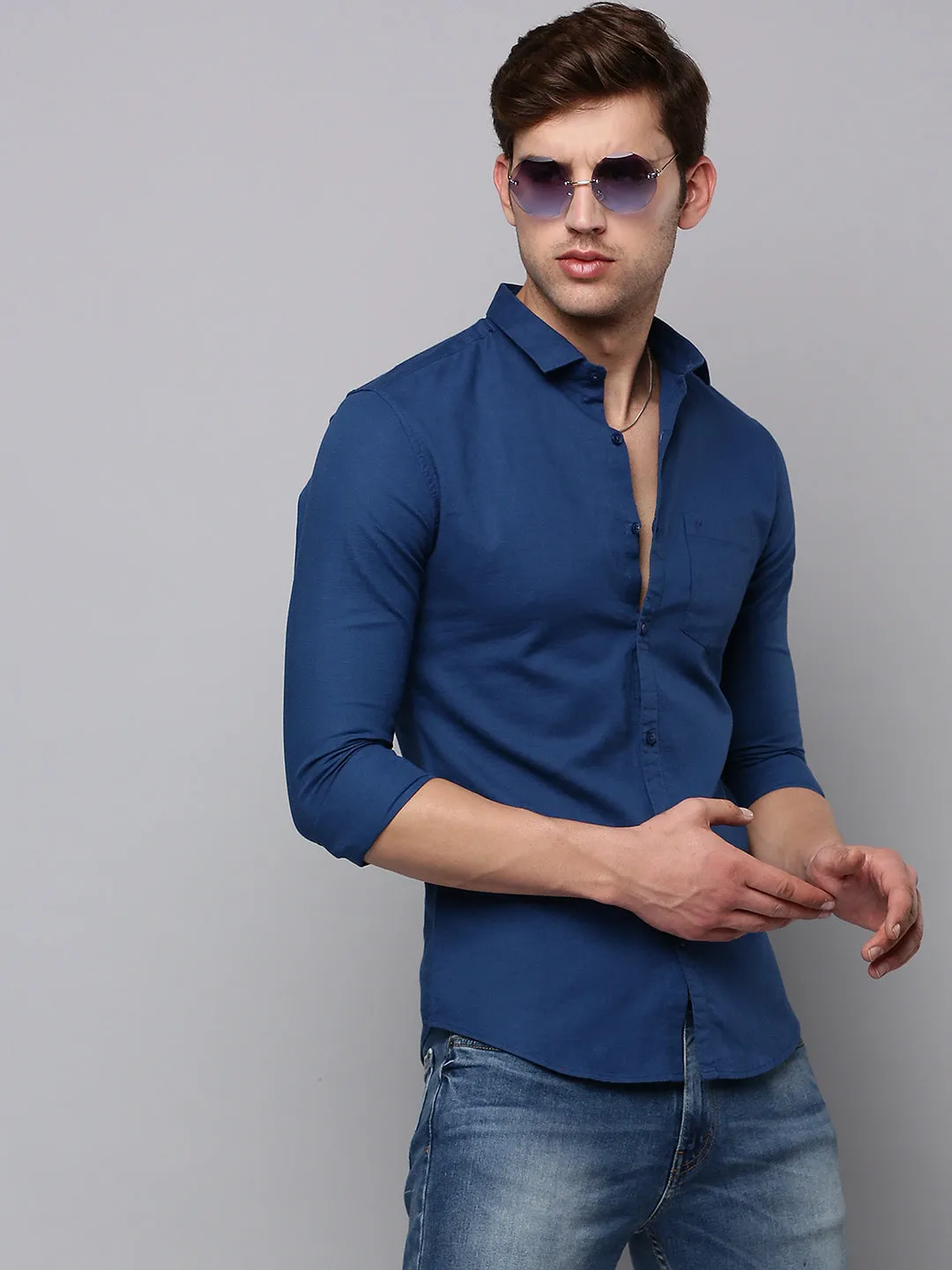 Men Teal Solid Casual Shirt