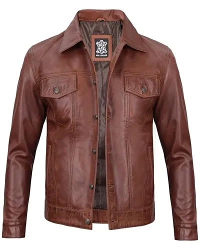 Men's Vintage Trucker Leather Jacket Crafted from Genuine Lambskin – Timeless Style and Premium Quality