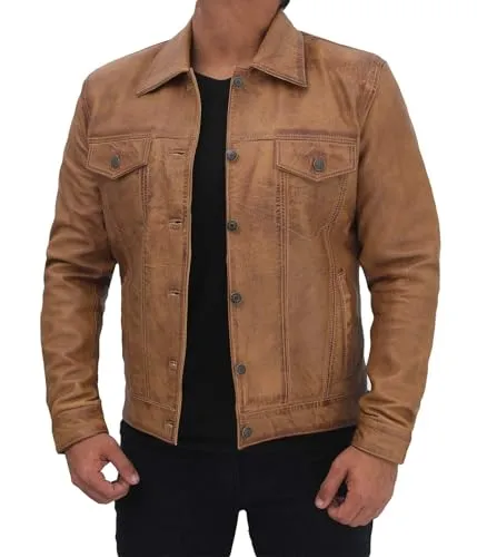Men's Vintage Trucker Leather Jacket Crafted from Genuine Lambskin – Timeless Style and Premium Quality