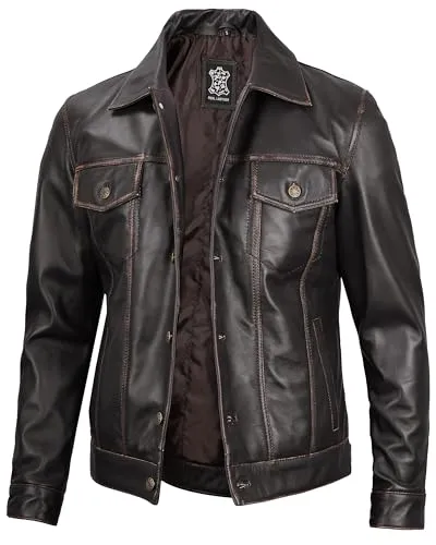 Men's Vintage Trucker Leather Jacket Crafted from Genuine Lambskin – Timeless Style and Premium Quality