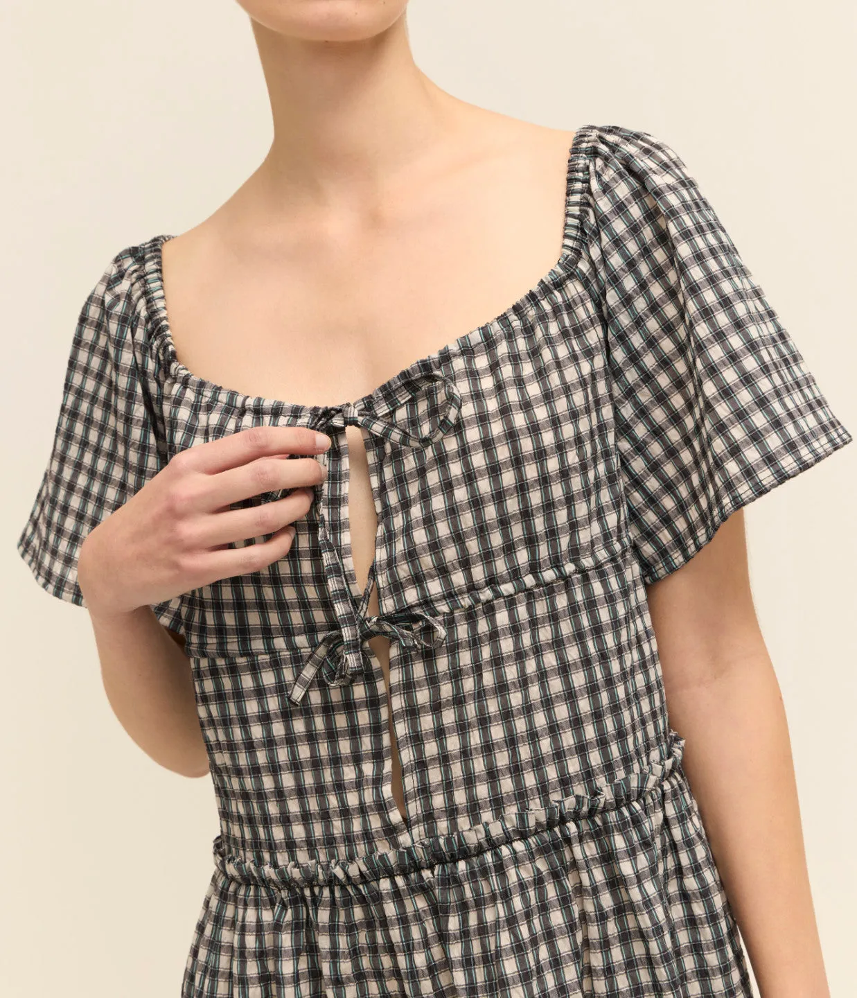 Seersucker Mini Dress in Black and White Check