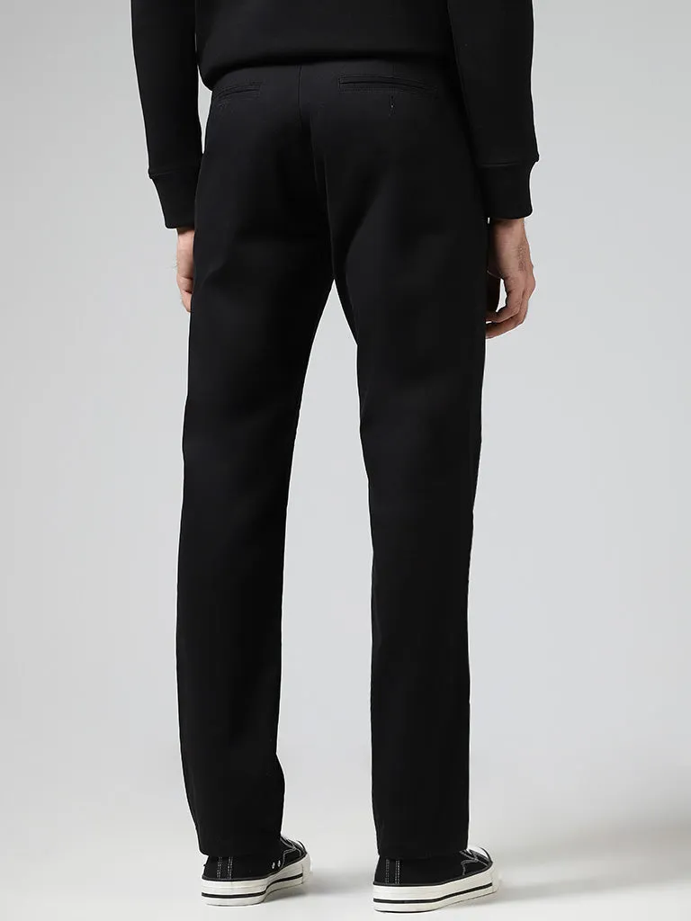 WES Casuals Solid Black Relaxed-Fit Mid-Rise Cotton Chinos