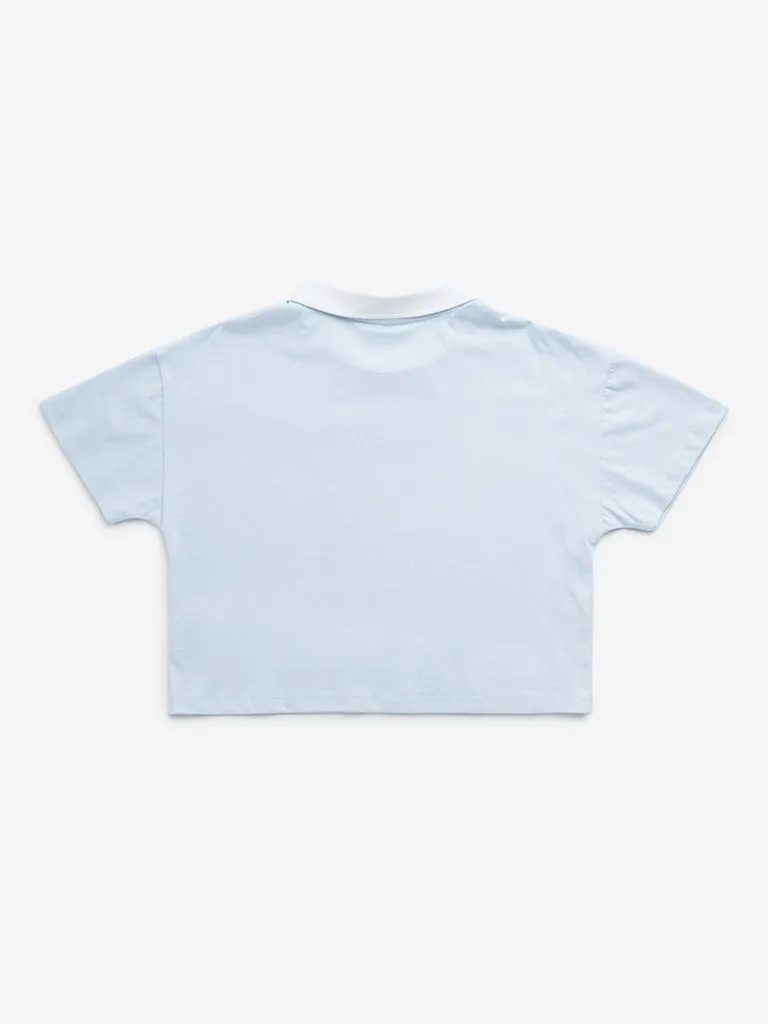 Y&F Kids Light Blue Text Printed Collared Cotton T-Shirt